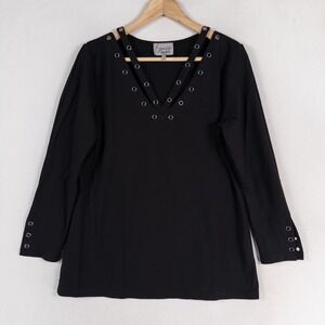 Lynn Ritchie Silver Top Womens Sz Large Black Stretch Knit Grommets V Neck